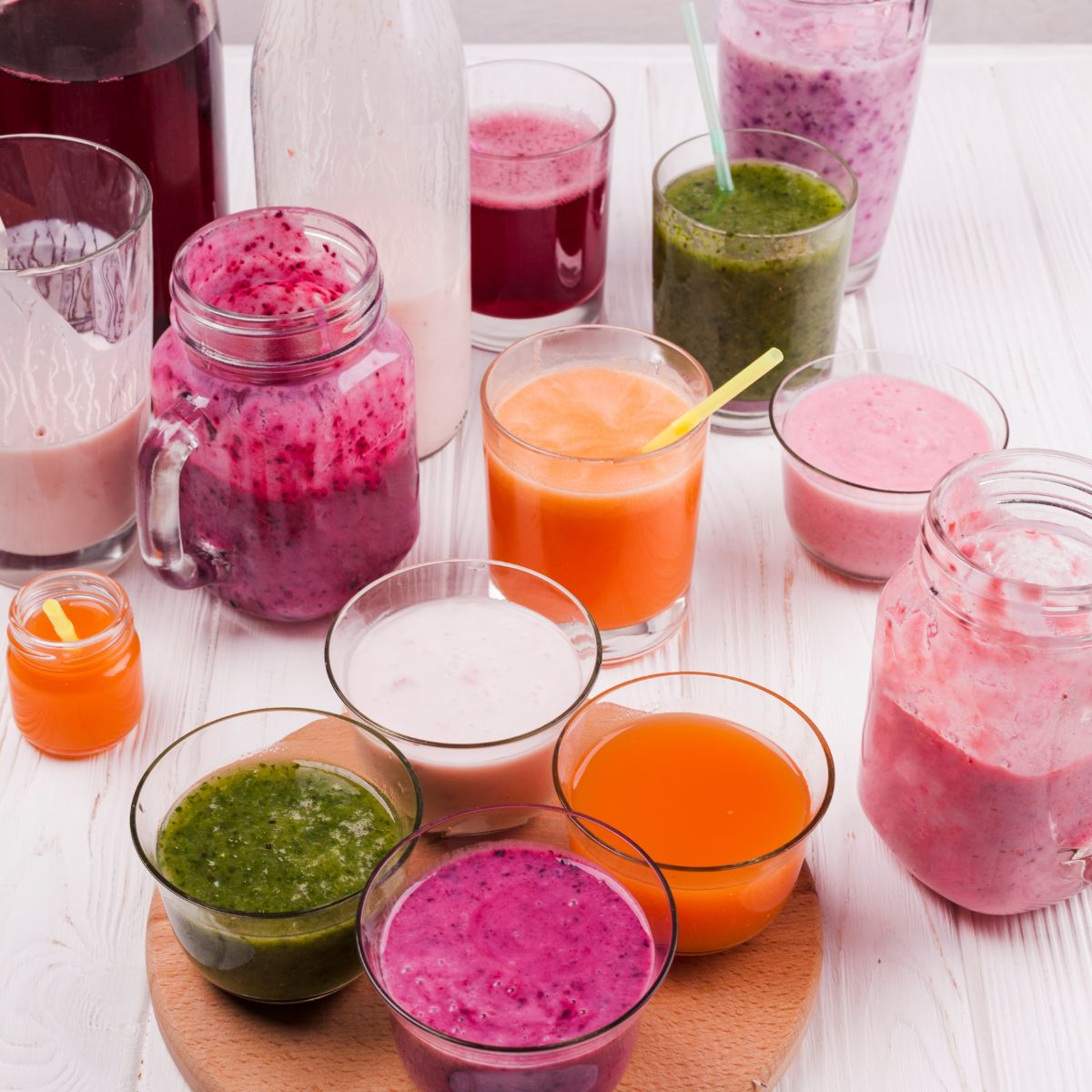 various colored smoothies and juices in jars and cups