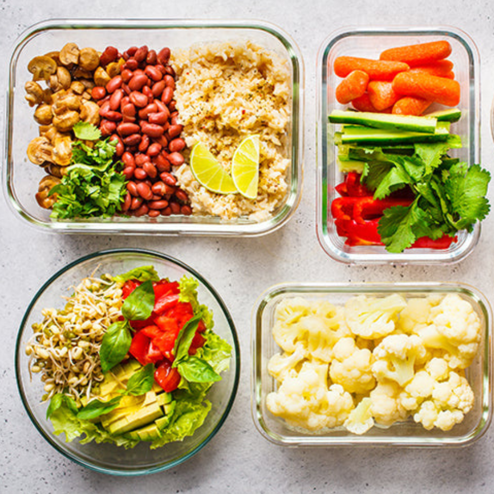 healthy food in glass containers top view