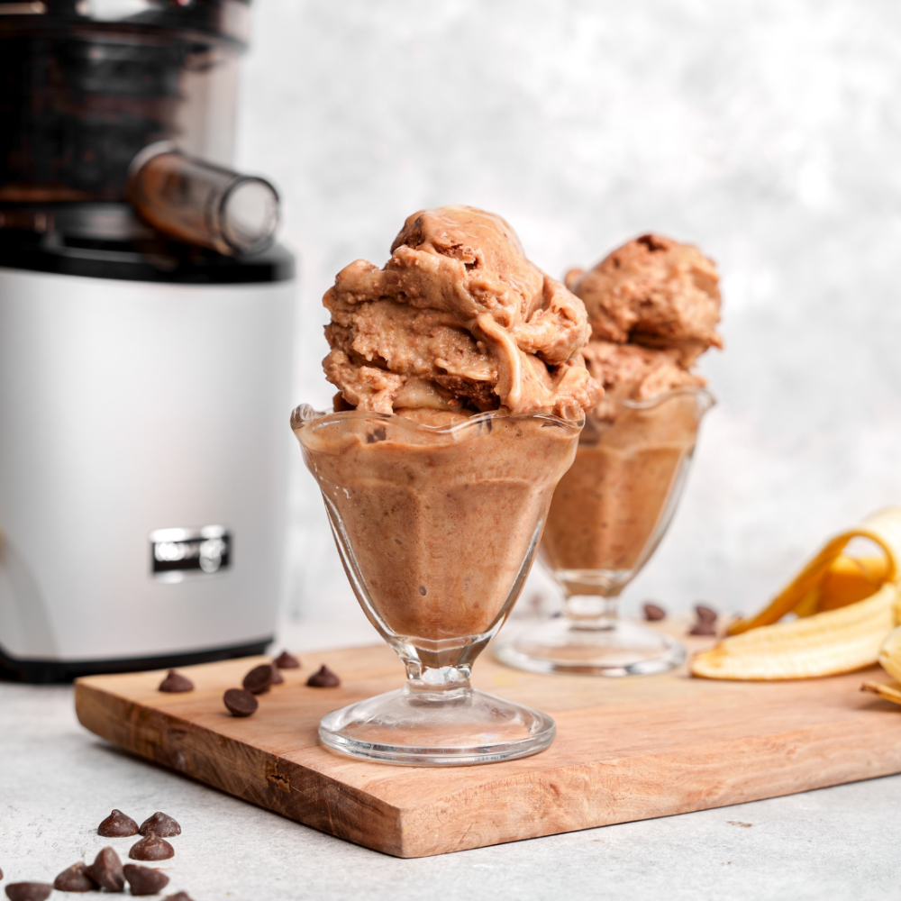 2 chocolate banana sorbets in glass cups