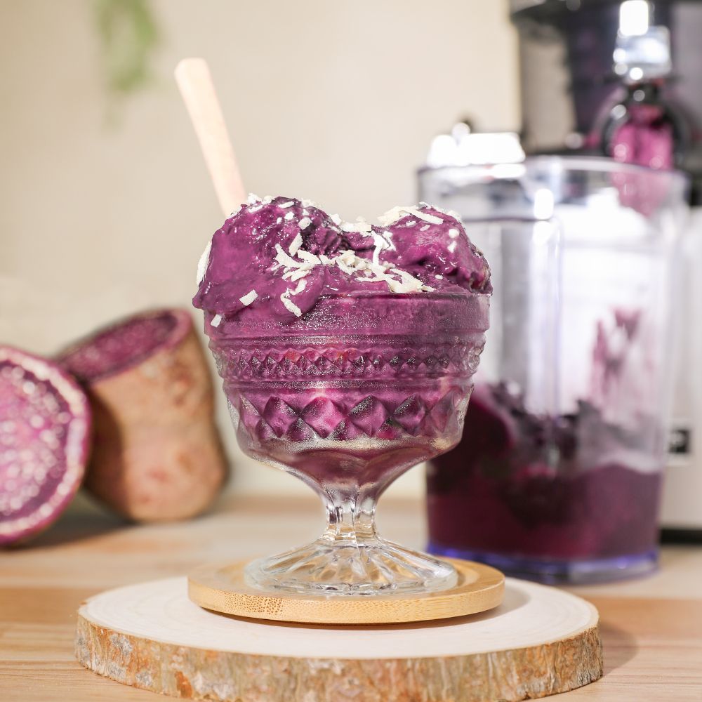 ube ice cream in a glass